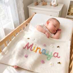 Personalized Hand Embroidered Knit Baby Blanket, Custom Name Heirloom Keepsake, Newborn Nursery Gift - thumbnail 1