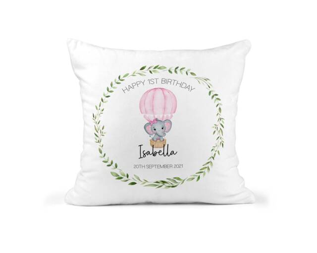 Personalised 1st Birthday Cushion, Custom Gift, Baby Girl First Niece Present, Nursery Decor, Elephant