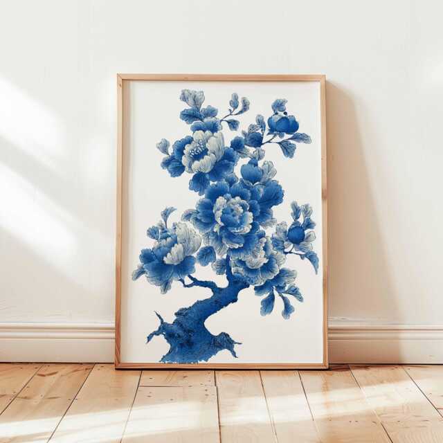 Blue Peony Tree Wall Art, Chinese Floral Ink Illustration Print, Botanical Bloom Poster, Elegant Blossom Decor, Unframed Artwork - image 1