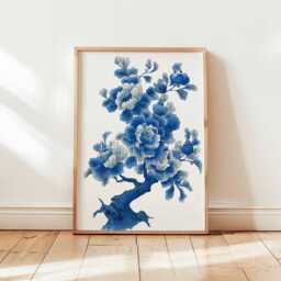 Blue Peony Tree Wall Art, Chinese Floral Ink Illustration Print, Botanical Bloom Poster, Elegant Blossom Decor, Unframed Artwork - thumbnail 1