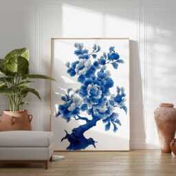 Blue Peony Tree Wall Art, Chinese Floral Ink Illustration Print, Botanical Bloom Poster, Elegant Blossom Decor, Unframed Artwork - thumbnail 2