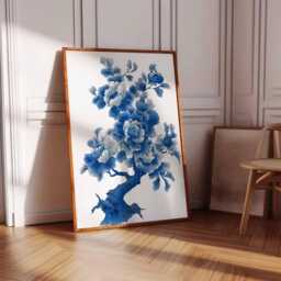 Blue Peony Tree Wall Art, Chinese Floral Ink Illustration Print, Botanical Bloom Poster, Elegant Blossom Decor, Unframed Artwork - thumbnail 3
