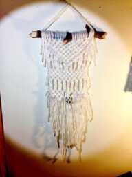 Macrame Wall Hanging - White Yarn Tapestry With Driftwood & Polished Stone - thumbnail 1