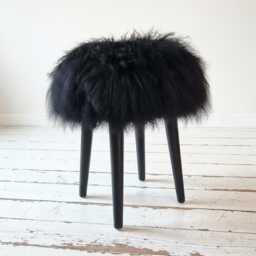 Black Sheepskin Fur Wooden Stool Handmade With Legs - 100% Genuine Mongolian Gothic Decor