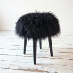 Black Sheepskin Fur Wooden Stool Handmade With Legs - 100% Genuine Mongolian Gothic Decor - thumbnail 3