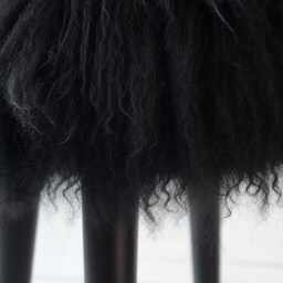 Black Sheepskin Fur Wooden Stool Handmade With Legs - 100% Genuine Mongolian Gothic Decor - thumbnail 2