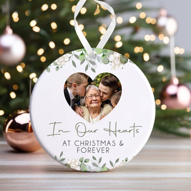 Memorial Christmas Bauble - Memory Ornament Keepsake Photo Ceramic - Floral in Our Hearts - image 1