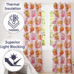 Cute Kawaii Fast Food Pattern With Pizza Chicken Soda Pink Check Background Readymade Eyelet Ring Top Thermal 100% Blackout Curtains - thumbnail 3