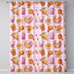 Cute Kawaii Fast Food Pattern With Pizza Chicken Soda Pink Check Background Readymade Eyelet Ring Top Thermal 100% Blackout Curtains - thumbnail 2