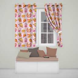 Cute Kawaii Fast Food Pattern With Pizza Chicken Soda Pink Check Background Readymade Eyelet Ring Top Thermal 100% Blackout Curtains - thumbnail 1