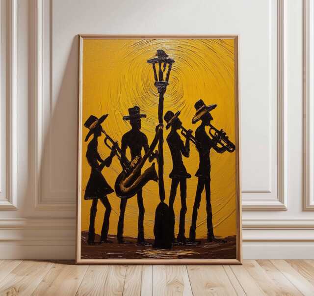 Jazz Band Wall Art, Street Music Poster, Saxophone Trombone Players Print, Vintage Night Artwork For Lovers - image 1