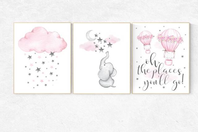Elephant Nursery Decor Pink Hot Air Balloon, Stars Art Print - image 1