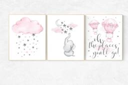 Elephant Nursery Decor Pink Hot Air Balloon, Stars Art Print - thumbnail 1