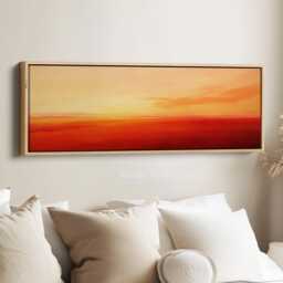 Long Abstract Landscape Wall Art - Warm Orange & Red Horizon, Minimalist Horizontal Canvas For Modern Bedroom Or Office Decor