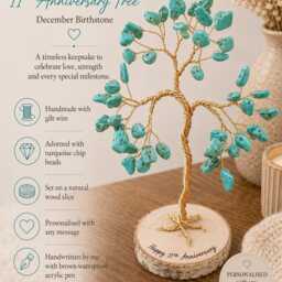 Turquoise Stone Wire Tree, Personalised 11Th Anniversary Gift For Her, December Birthstone Present, Unique Gemstone Tree With Custom Message - thumbnail 2