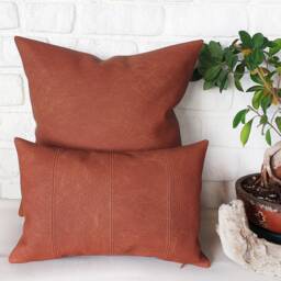 Terracotta Brown Faux Leather Fabric Lumbar Pillow Cover With Decorative Stitches/Modern Scandinavian Homes-1Pcs - thumbnail 3
