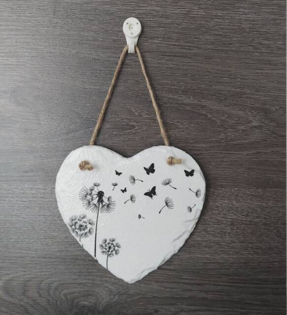 Dandelion & Butterflies Slate Heart Plaque Decoupage Wall Hanging - image 1