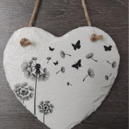 Dandelion & Butterflies Slate Heart Plaque Decoupage Wall Hanging - thumbnail 2