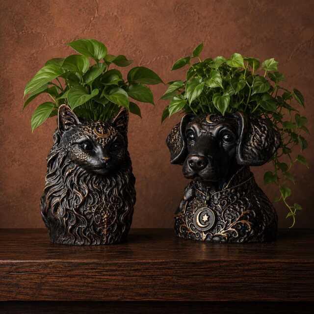 Custom Pet Planter - Cast Stone Dog Cat Photo Pot, Gothic Moon Familiar - image 1