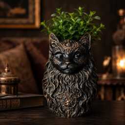 Custom Pet Planter - Cast Stone Dog Cat Photo Pot, Gothic Moon Familiar - thumbnail 4