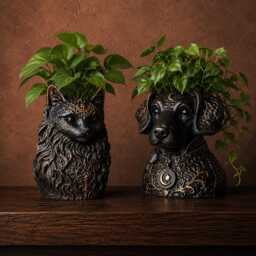 Custom Pet Planter - Cast Stone Dog Cat Photo Pot, Gothic Moon Familiar