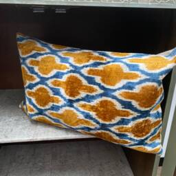 Cushion Covers, Velvet Ikat Cushion Cover, Blue & Orange Rust Pillow 30 X 50 cm, 40 60 cm Decorative Cover - thumbnail 2