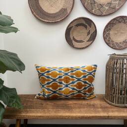 Cushion Covers, Velvet Ikat Cushion Cover, Blue & Orange Rust Pillow 30 X 50 cm, 40 60 cm Decorative Cover - thumbnail 1