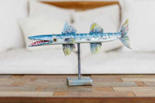 Hand-Painted Reclaimed Wood Barracuda Sculpture - Ultra-Lightweight Nautical Decor - image 1