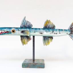 Hand-Painted Reclaimed Wood Barracuda Sculpture - Ultra-Lightweight Nautical Decor - thumbnail 2