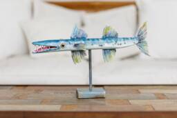 Hand-Painted Reclaimed Wood Barracuda Sculpture - Ultra-Lightweight Nautical Decor - thumbnail 1