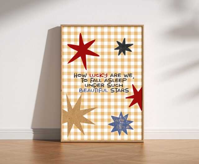 How Lucky Are We Art Print - Whimsical Star Quote Wall Art, Cosy Bedroom Decor, Retro Gingham Mid Century Positive Home Farmhouse - image 1
