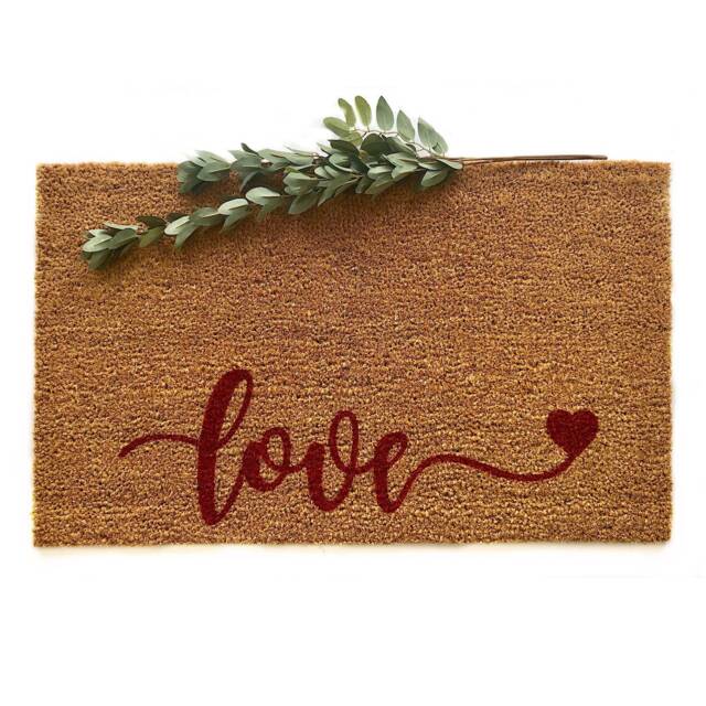 Love Doormat With Heart - Cursive Welcome Mat Romantic Valentine's Day Decor Wedding Gift Front Porch Rug - image 1