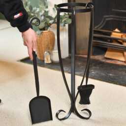 Black Curved Three Piece Fireside Set/Companion Set 66cm, Fireside, Fireplace Tools/Ash Brush Pan Set, Wood Burner, Open Fire