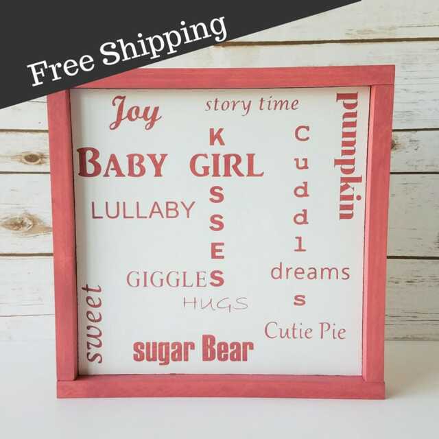 Framed Baby Girl Word Collage Sign, Dusty Pink Nursery Wall Art, Room Decor, Lullaby Little Cutie Pie Sign - image 1