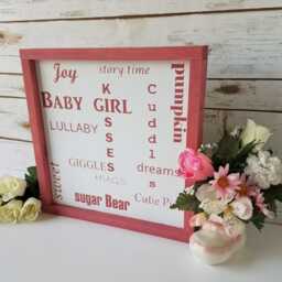 Framed Baby Girl Word Collage Sign, Dusty Pink Nursery Wall Art, Room Decor, Lullaby Little Cutie Pie Sign - thumbnail 3