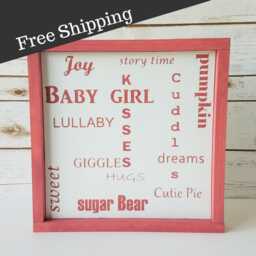Framed Baby Girl Word Collage Sign, Dusty Pink Nursery Wall Art, Room Decor, Lullaby Little Cutie Pie Sign - thumbnail 1