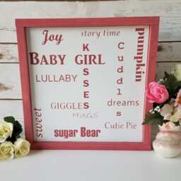 Framed Baby Girl Word Collage Sign, Dusty Pink Nursery Wall Art, Room Decor, Lullaby Little Cutie Pie Sign - thumbnail 2