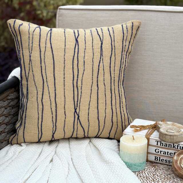 "Blue Burlap Cotton Bead Embroidered Striped Throw Pillow Cover, 16""x16" - image 1