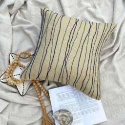 "Blue Burlap Cotton Bead Embroidered Striped Throw Pillow Cover, 16""x16" - thumbnail 3