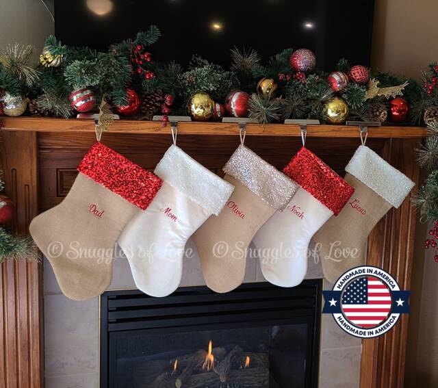 Personalized Christmas Stocking Burlap, Velvet, & Sequins With Name Embroidered - image 1