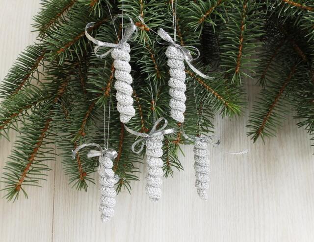 5 Crochet Silver Christmas Ornaments, Icicles Home Decor, Handcrafted Party Ornaments - image 1