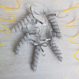 5 Crochet Silver Christmas Ornaments, Icicles Home Decor, Handcrafted Party Ornaments - thumbnail 2