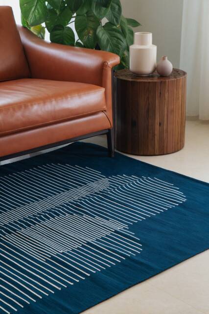 Blue Flatwoven Kilim Rug - Geometric Cotton Art Deco Area Runner Cool Antique Accent Rugs Handmade Egypt 8x10 Room Decor - image 1