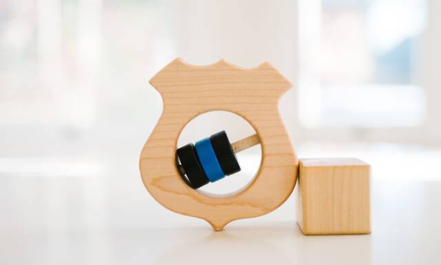 Police Shield Wooden Baby Rattle Customizable Organic Toy - Firefighter Ems Sheriff Law Enforcement Officer - image 1