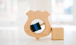 Police Shield Wooden Baby Rattle Customizable Organic Toy - Firefighter Ems Sheriff Law Enforcement Officer