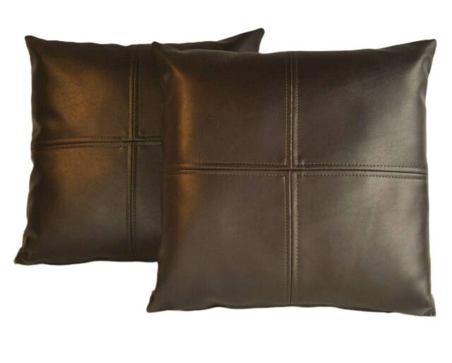 "2 Brown Check Design Faux Leather Cushions 16"" 18"" 20" - image 1