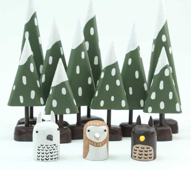 Owl Figure - Snowy Barn -Wood Folk Art Sculpture Tiny Christmas Putz Forest Build A Woodland Scene - image 1