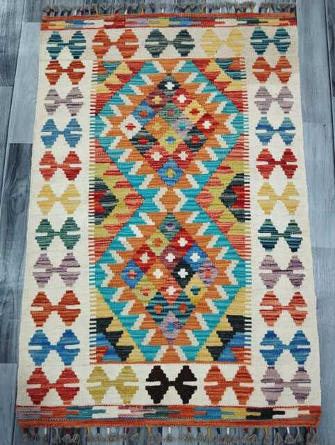 Colourful Kilim Rug, Handmade Artisan Afghan Turkish Scandinavian Navajo Bohemian Flatweave Wool Multicolour Rug 124x82 cm - image 1