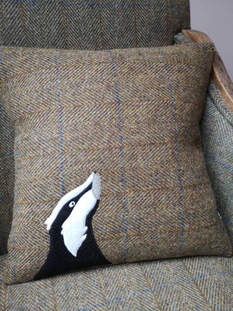 Hand Crafted Harris Tweed Badger Embroidered Cushion Cover - image 1