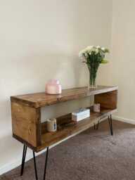 Industrial Tv Unit With Hairpin Legs Rustic Chunky Wood Cabinet - thumbnail 1